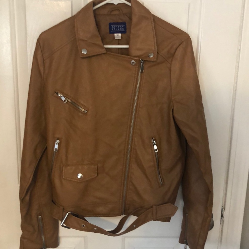 Brown faux leather jacket with bottom tie